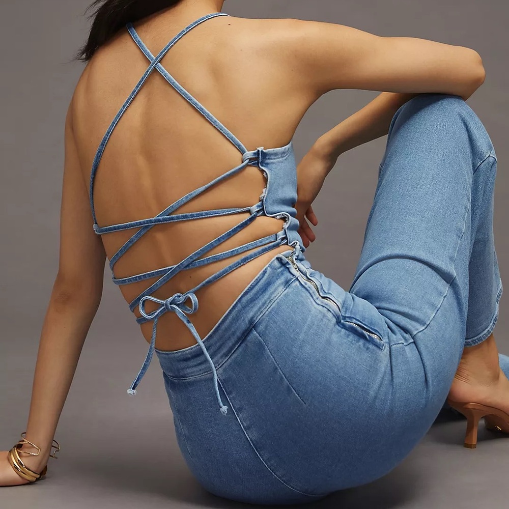 Good American Vacay Tie-Back Denim Jumpsuit